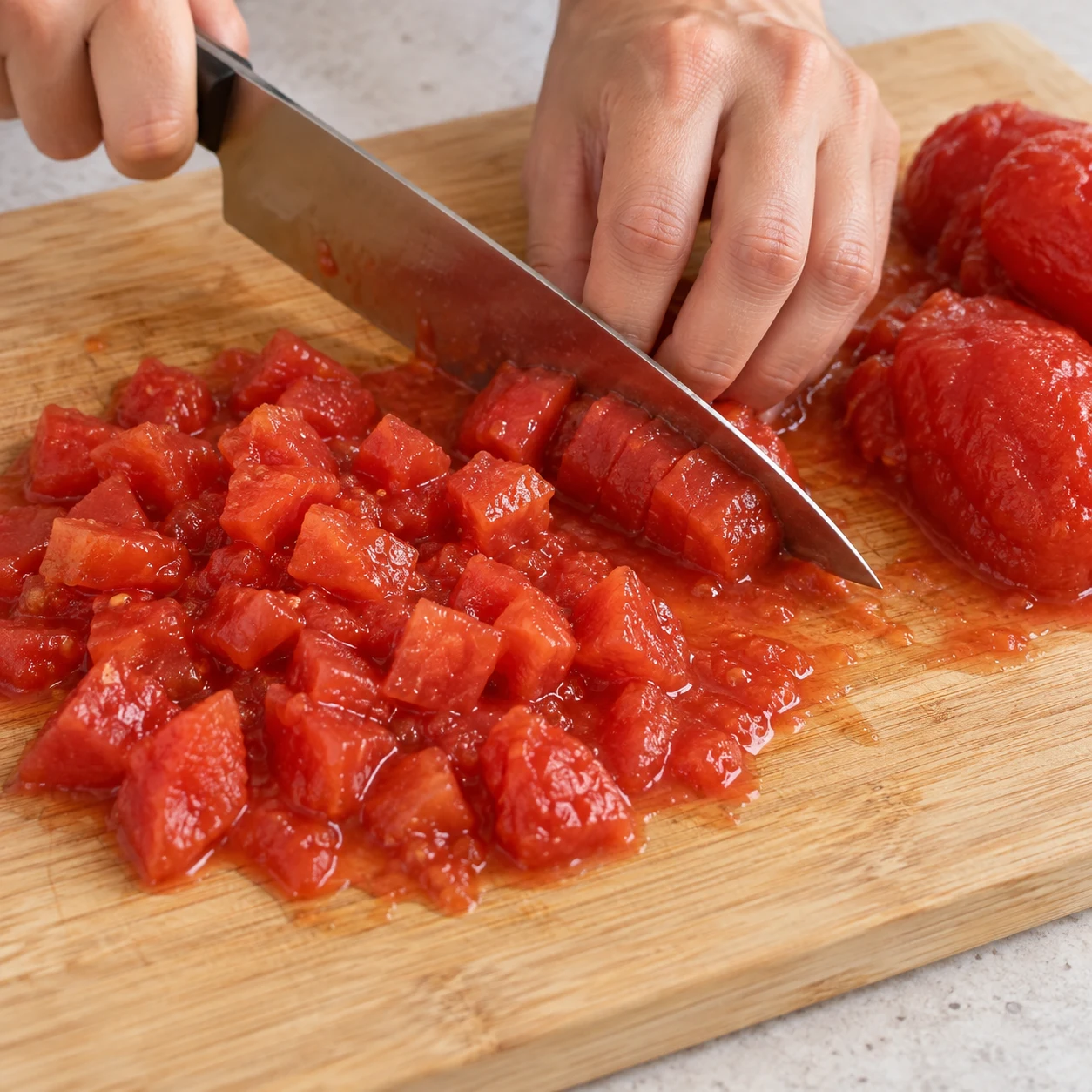 Découpe les 250 g de tomates pelées entières en cubes sur une planche stable, avec les doigts repliés derrière le couteau. Conserve la pulpe de tomate pour la sauce. Cette découpe adapte le format de conserve disponible aux tomates en cubes de la recette d’origine. Montrer : Les tomates pelées sont découpées en cubes avec leur pulpe conservée. Aucun poisson.