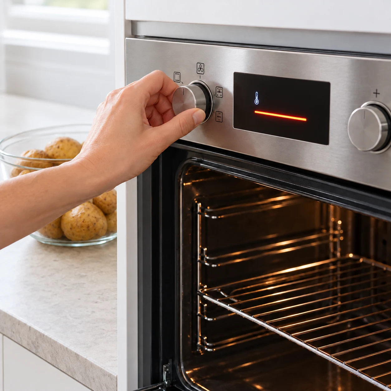 Une seule action : Préchauffer le four. Le four indique 200 °C et a atteint cette température. Uniquement les ingrédients de cette phase : Pommes de terre. Four en préchauffage, pommes de terre cuites à proximité. Aucun gratin assemblé.