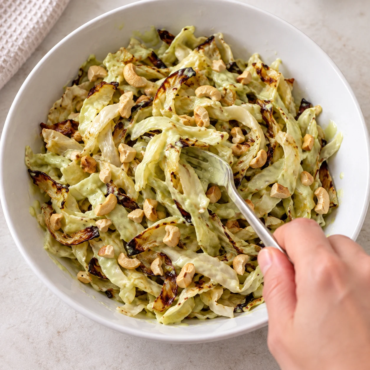 Salade de lamelles de chou rôti enrobées de sauce vert pâle et noix de cajou grillées sans sel ajouté, mélange à la fourchette.