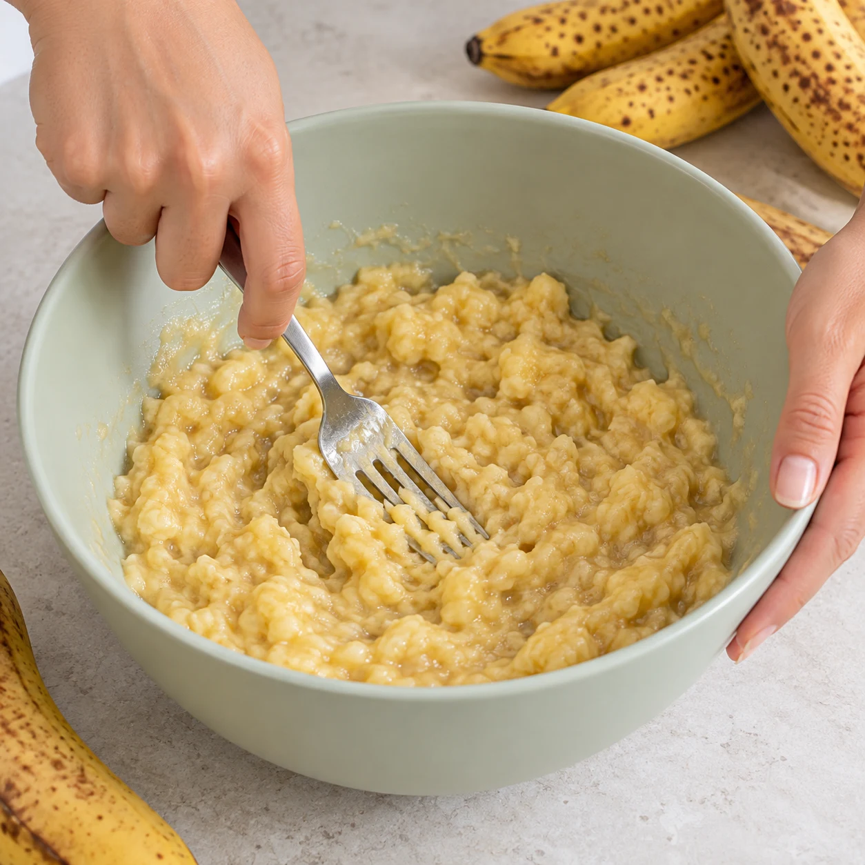 Des mains anonymes écrasent des bananes mûres, purée épaisse dans un grand bol neutre.