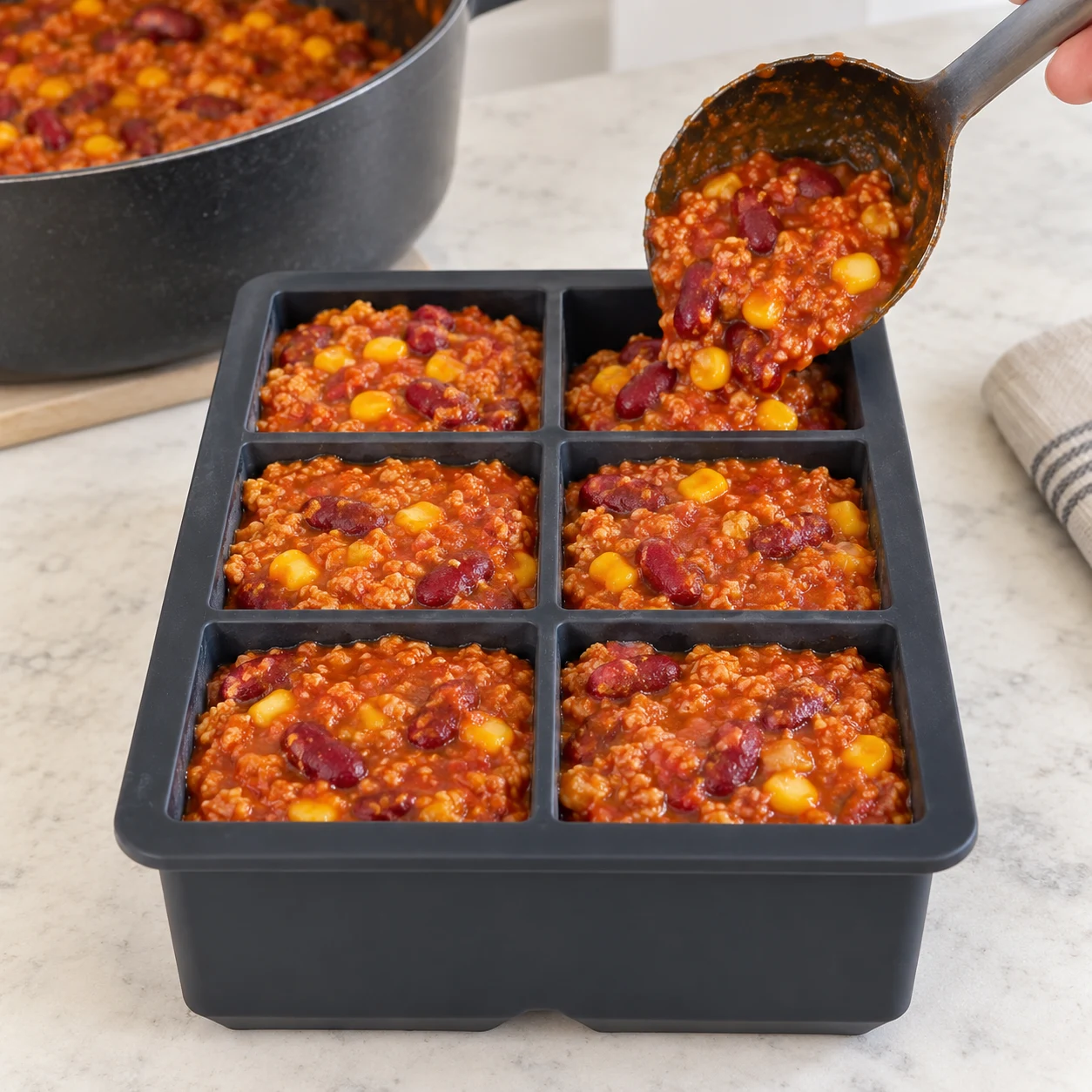 Une louche de chili garnit un bac neutre à compartiments ; haricots rouges, maïs et haché cuisiné dans la sauce, aucune autre garniture.