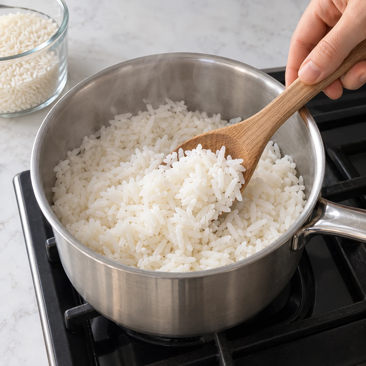 Faites cuire les 150 g de riz à part selon les indications de son emballage, puis égouttez-le si nécessaire.