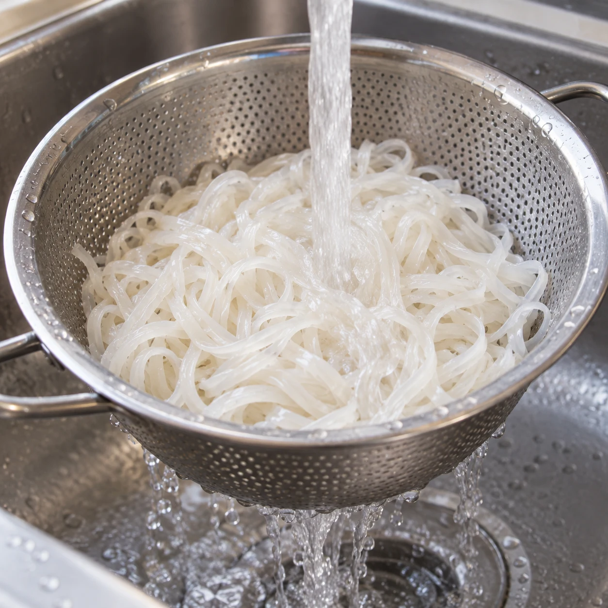 Nouilles de riz dans une passoire sous un filet d’eau froide.
