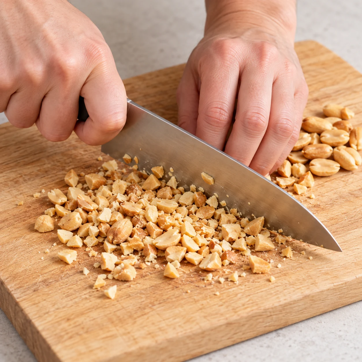 Hache grossièrement la poignée de cacahuètes sur une planche stable. Montrer uniquement les ingrédients de cette étape. Pour le haché : petites miettes de soja cuisiné rouge-brun à la tomate et aux oignons, légèrement humides, jamais viande ni tofu. Huile pimentée liquide sans gros morceaux de piment ; poivre noir moulu, aucune baie de Sichuan. Lumière naturelle claire, pierre pâle, vaisselle neutre, mains adultes anonymes seulement si nécessaires ; aucun texte, visage, vêtement, bijou ni identité de la personne.