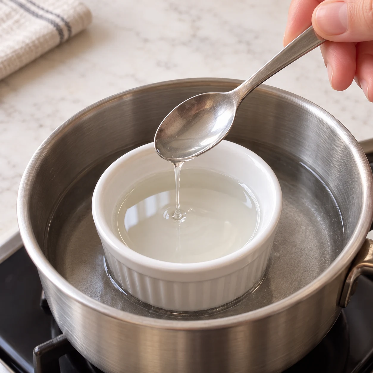 Un seul petit ramequin neutre avec la dose d’huile de coco vierge fondue destinée au chocolat.
