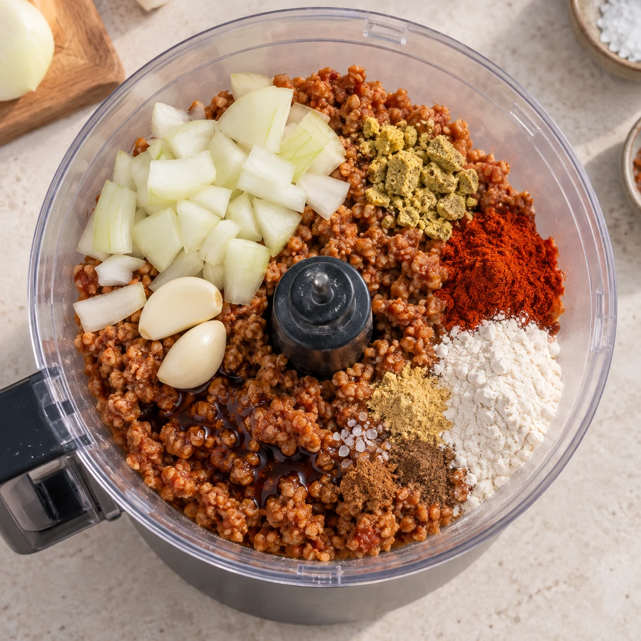 Ajoutez au haché l’oignon en morceaux, les deux gousses d’ail, les 7,8 g de bouillon de légumes émietté, le paprika, 4 c. à soupe de sauce soja, 3 à 4 c. à soupe de farine de blé T55 et le sel. Ajoutez le gingembre en poudre et le quatre-épices selon le goût.