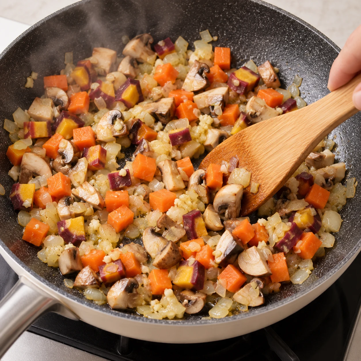 Même poêle, légumes en petits dés, sans lentilles ni tomate, spatule qui remue.