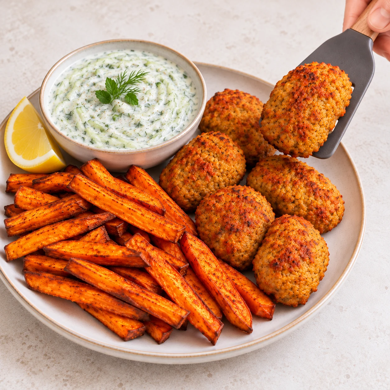 Servir les nuggets : Les nuggets, les frites et la sauce sont réunis dans l’assiette.