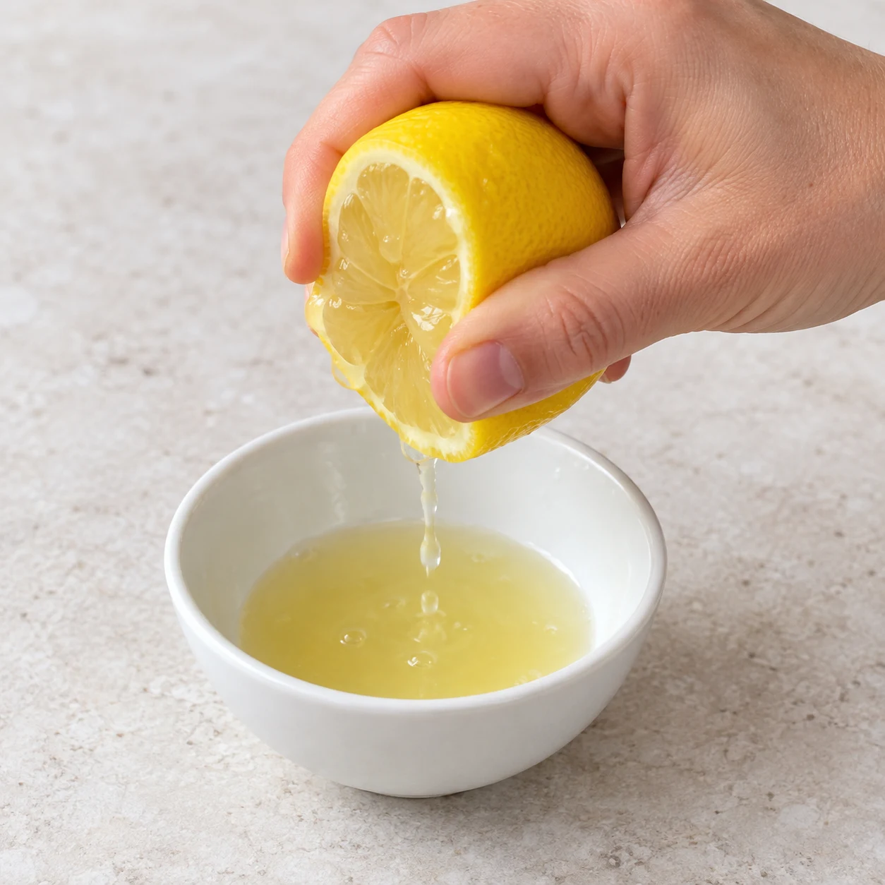 Une main anonyme presse un demi-citron au-dessus d’un petit récipient blanc, sans autre ingrédient.