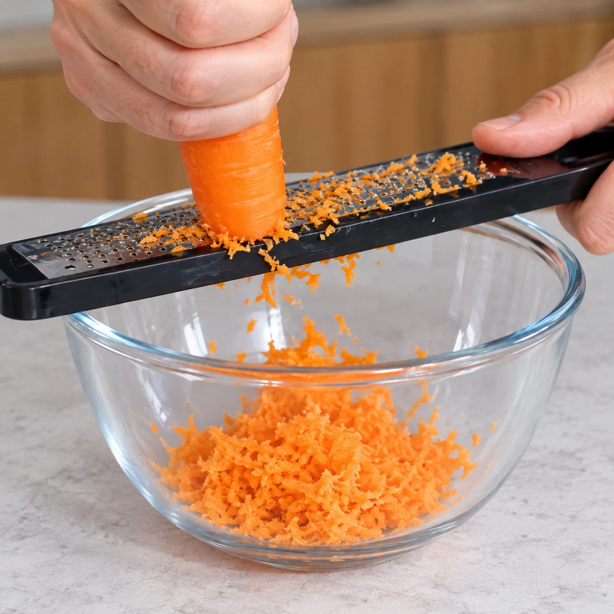 Râper la carotte de sauce : Une pulpe fine orange s’accumule dans le bol.