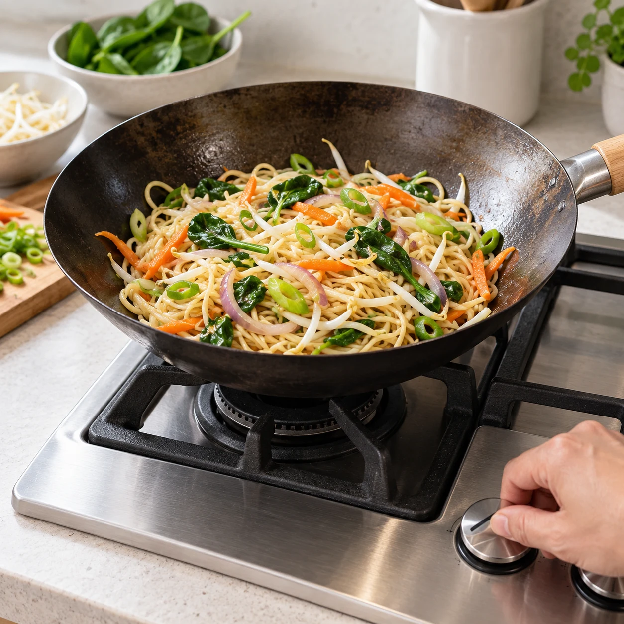 Éteindre le feu sous le wok contenant les nouilles et les légumes avant de verser les sauces.