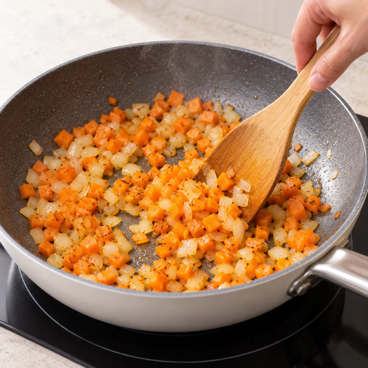 Ajoutez les dés de carotte à l’oignon et laissez dorer 5 minutes, en remuant. État attendu : Les dés de carotte commencent à dorer. Une seule scène de cuisine, sans personne identifiable.