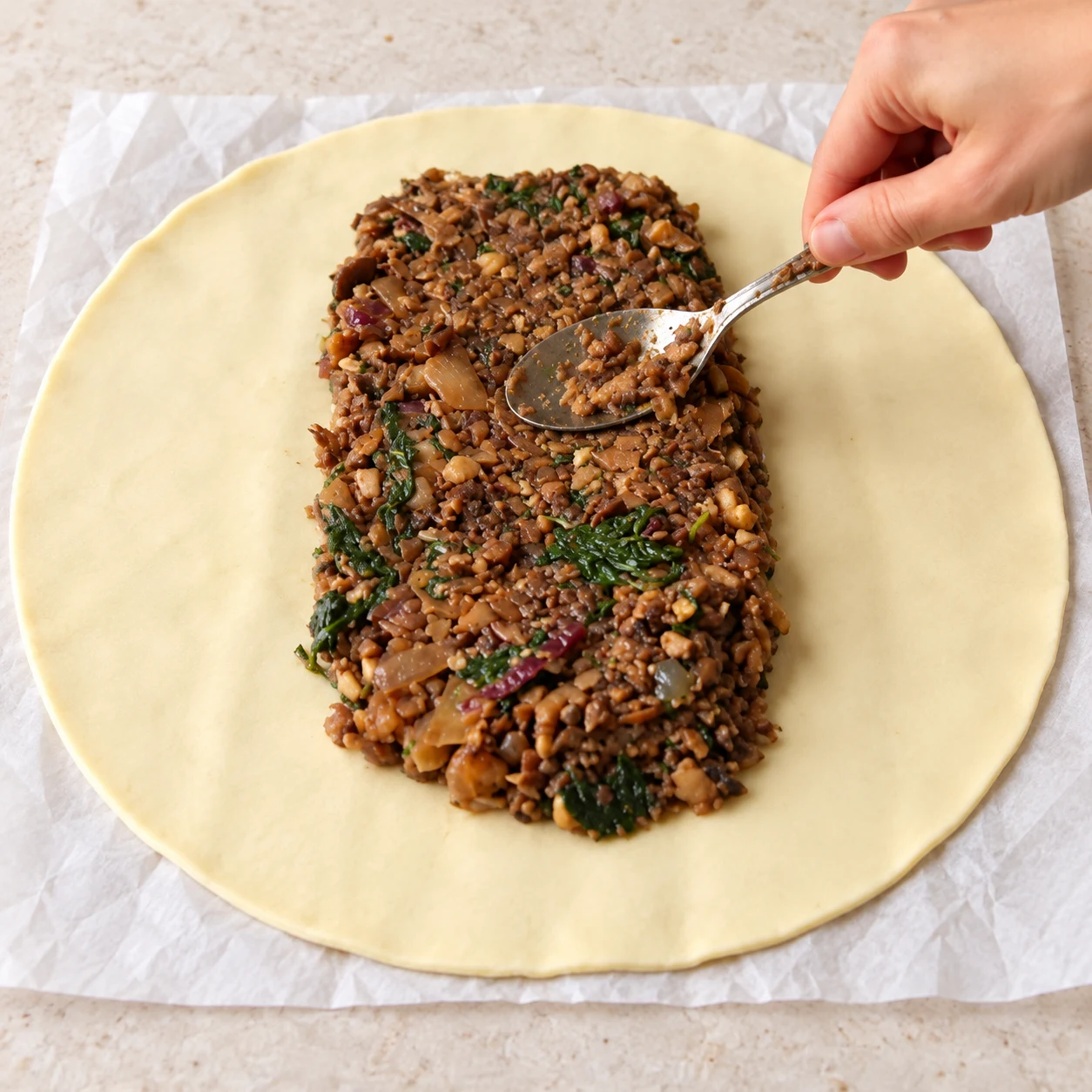 Pâte feuilletée crue déroulée avec un rectangle de farce brune aux épinards.
