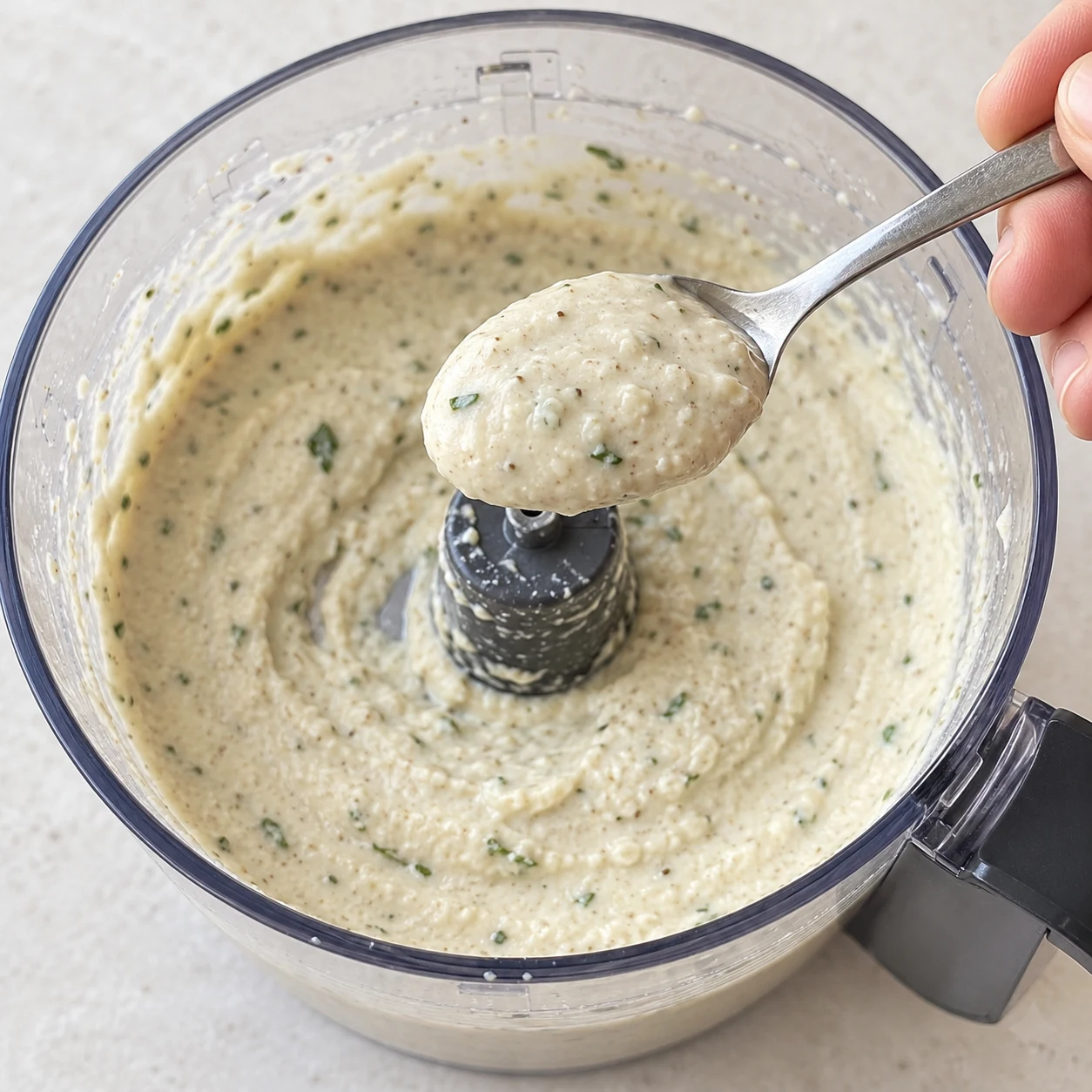 Petite cuillère présentant la crème beige mouchetée au-dessus du bol du mixeur, sans visage.