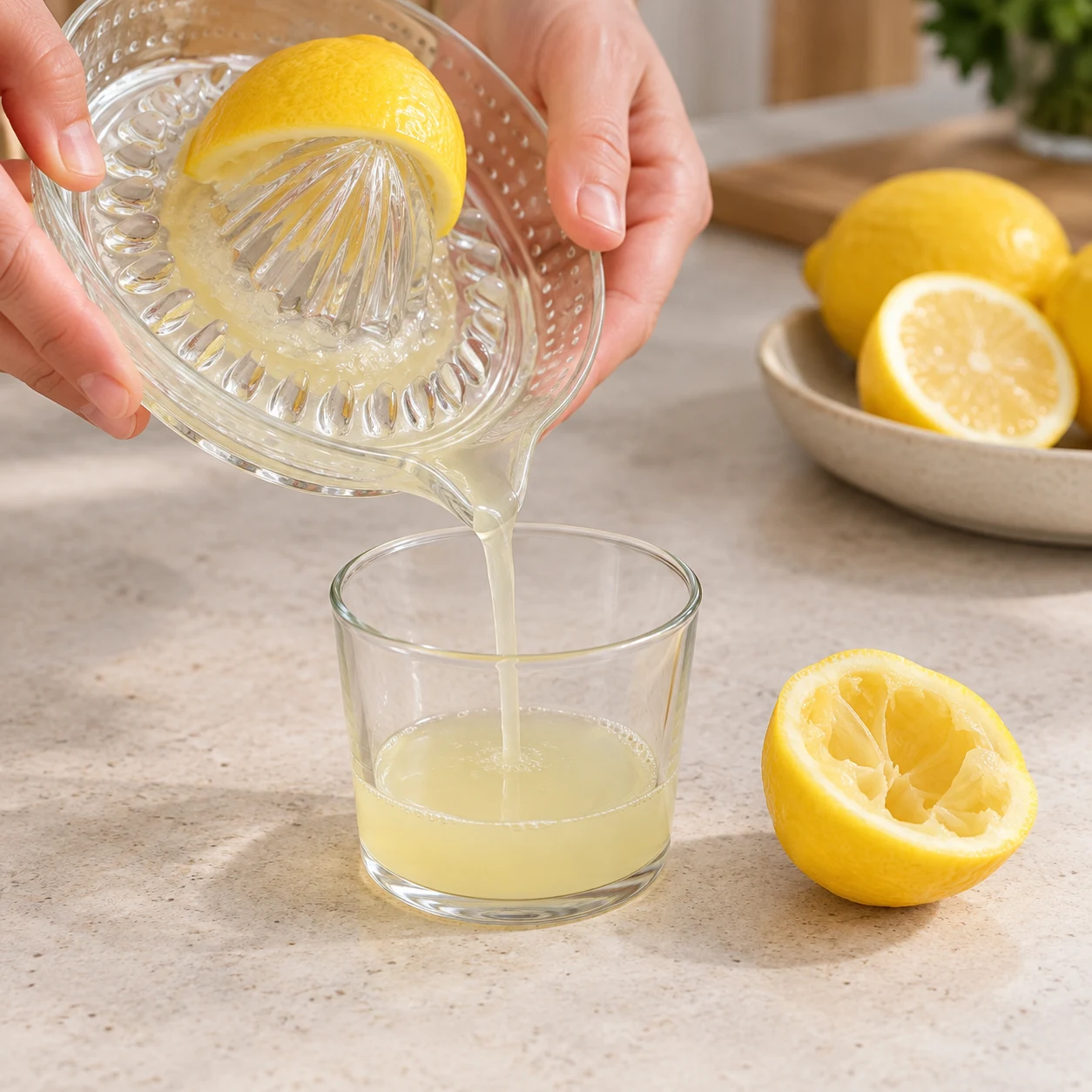 Mesurer le jus de citron. Le récipient contient 50 ml de jus, et le demi-citron restant est réservé.. Ne montrer que citron à cette phase ; lumière naturelle, mains anonymes sans accessoires, aucun texte ni visage.