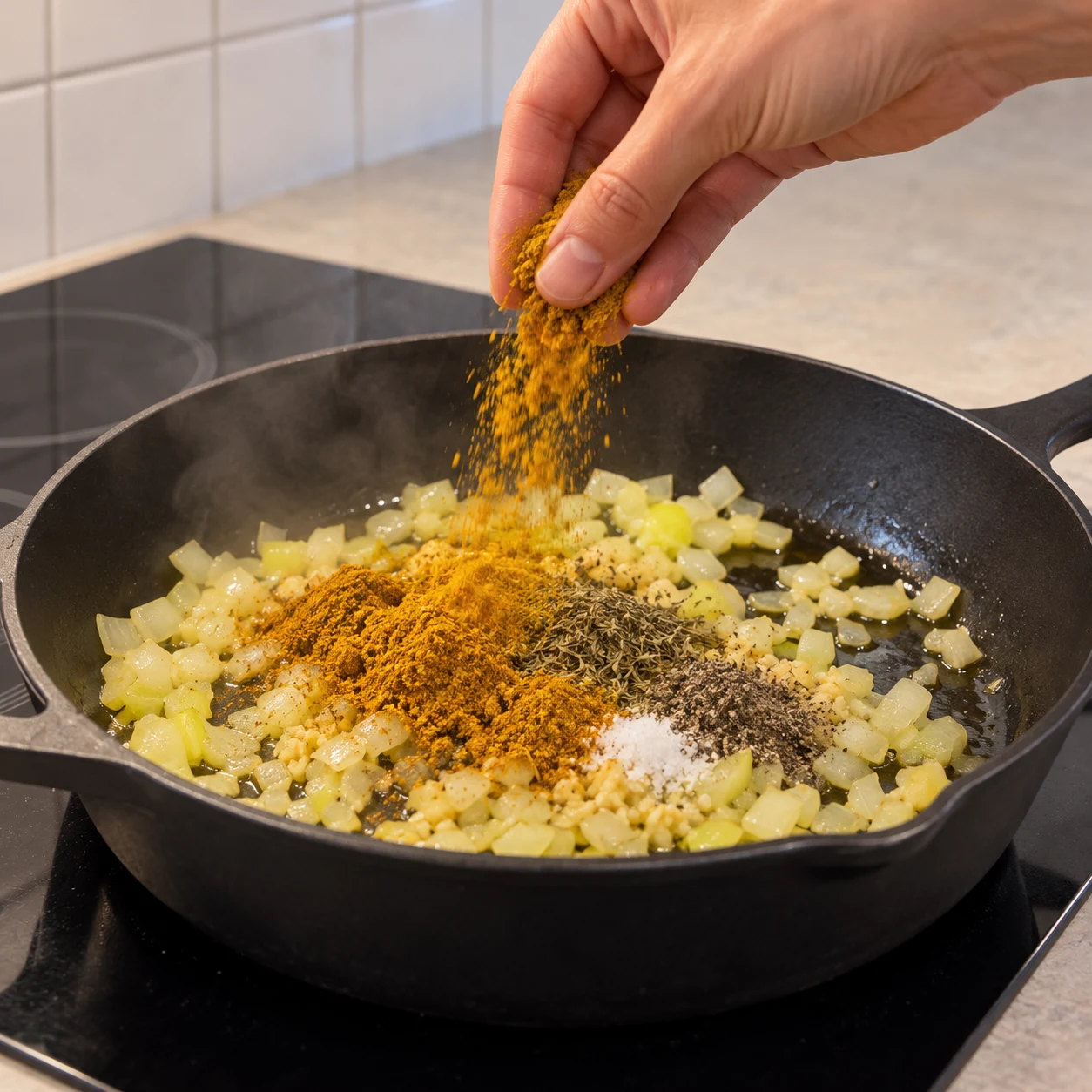 Ajoute 1 à 2 cuillères à soupe de curry, les 2,8 g de curry supplémentaire, 1 cuillère à café d’herbes de Provence, 1 cuillère à café de poivre et 1 pincée de sel. Les épices sèches et les herbes sont déposées sur l’oignon et l’ail.