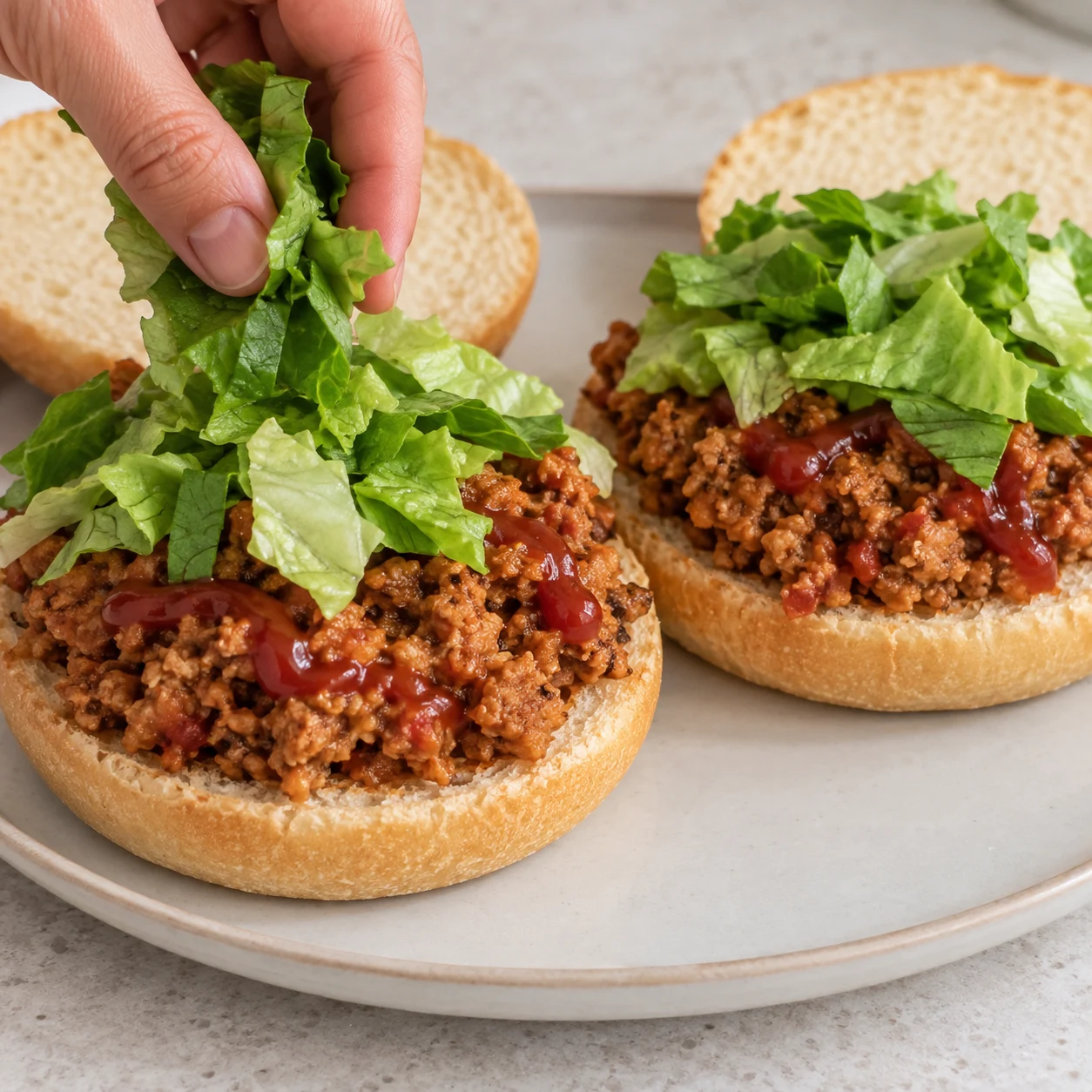 Garnir les pains. Répartis le haché de soja caramélisé et la salade dans les deux pains. Chaque pain contient sa part de haché de soja et de salade.. Petits morceaux de haché de soja cuisiné, pas de fibres longues.