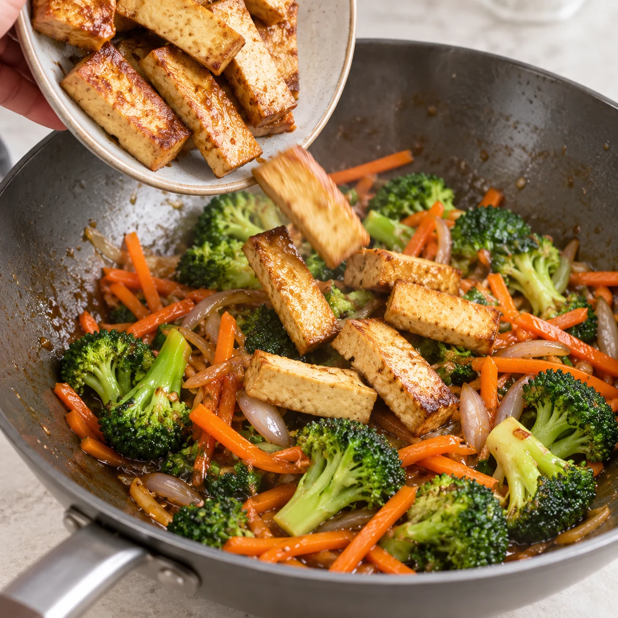 Ajoutez les tranches de tofu réservées dans le wok.
