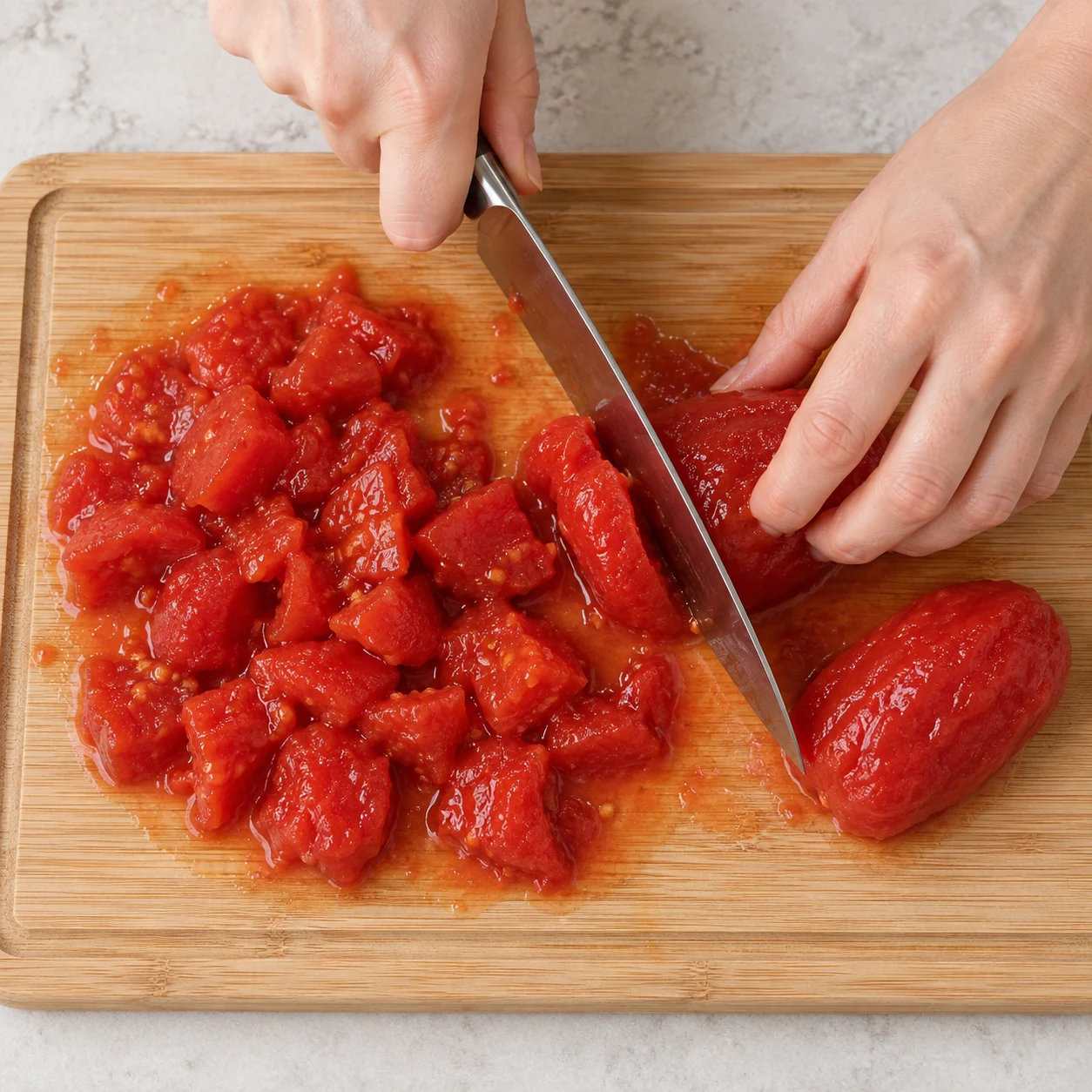 Une seule photo de l’action « Couper les tomates pelées », les tomates sont découpées en morceaux grossiers.