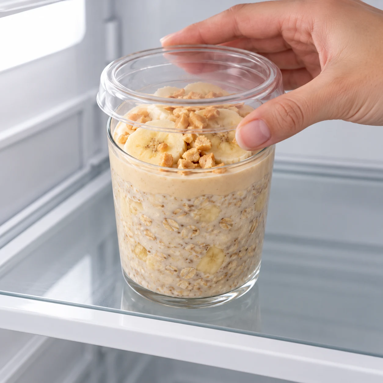 Verrine à deux couches avec banane et cacahuètes, couverte d’un couvercle neutre, rangée sur une clayette de réfrigérateur ; pas de chia ni autre aliment.