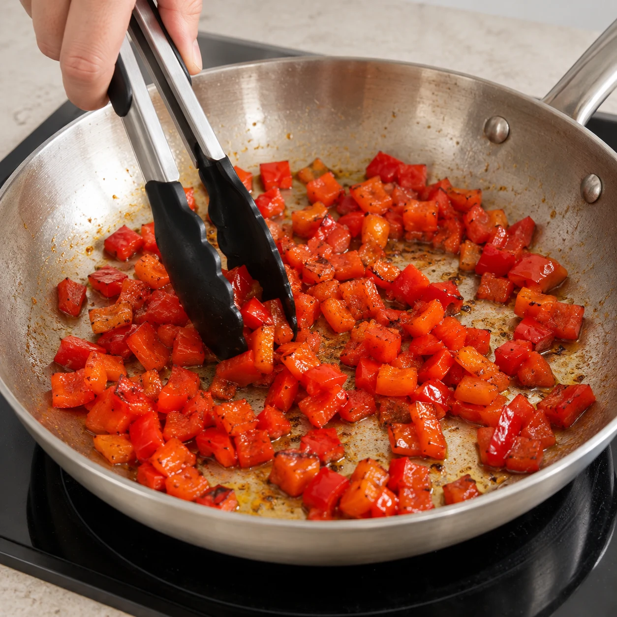 Photographie de cuisine carrée montrant uniquement l’action « Faire revenir le poivron » et son état : Les dés sont cuits et légèrement dorés. Uniquement les ingrédients de cette étape, sans texte ni emballage.