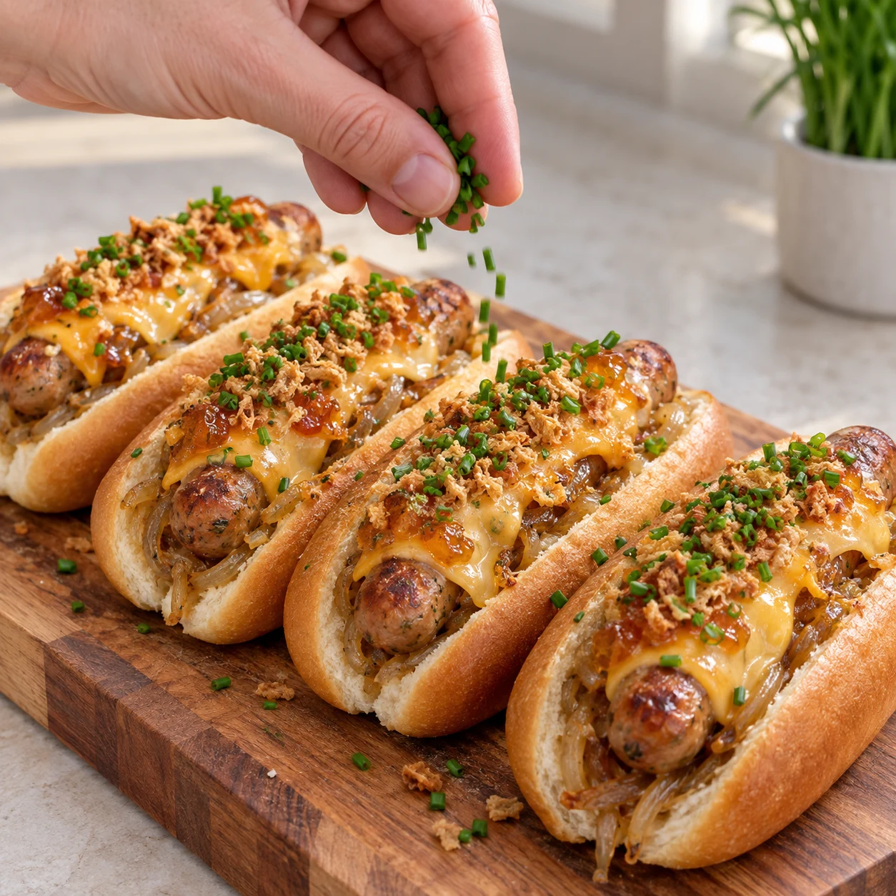 Terminer avec la ciboulette : La ciboulette verte est répartie sur les quatre hot-dogs prêts à servir.