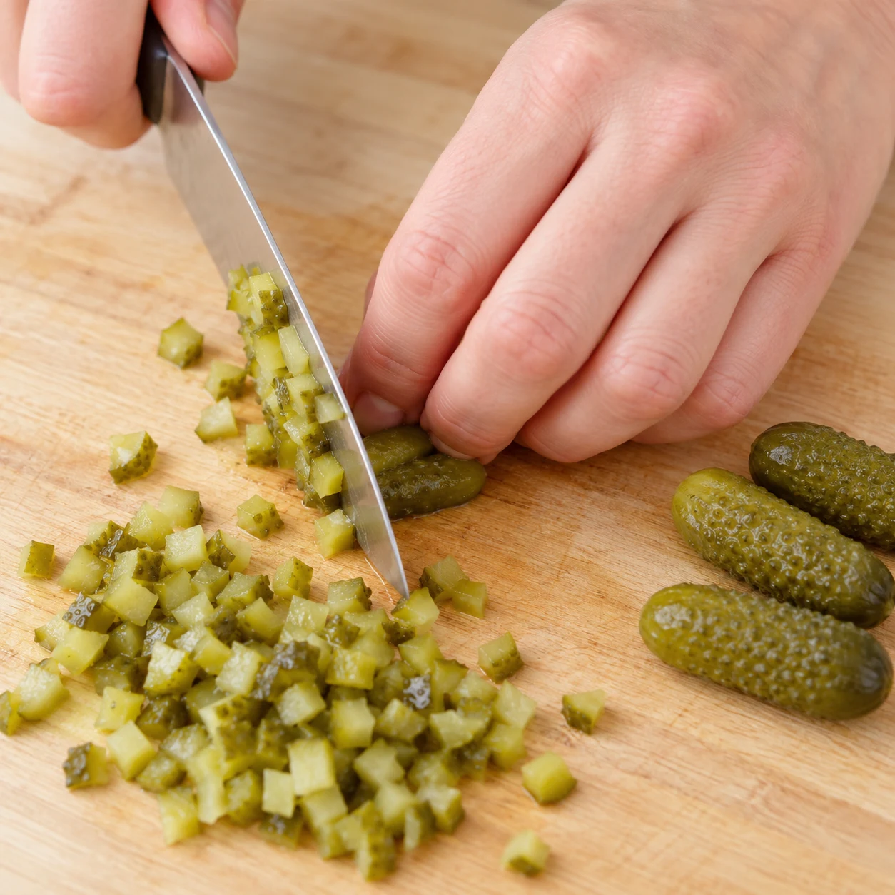 Hacher les cornichons : Les cornichons forment de petits dés réguliers.