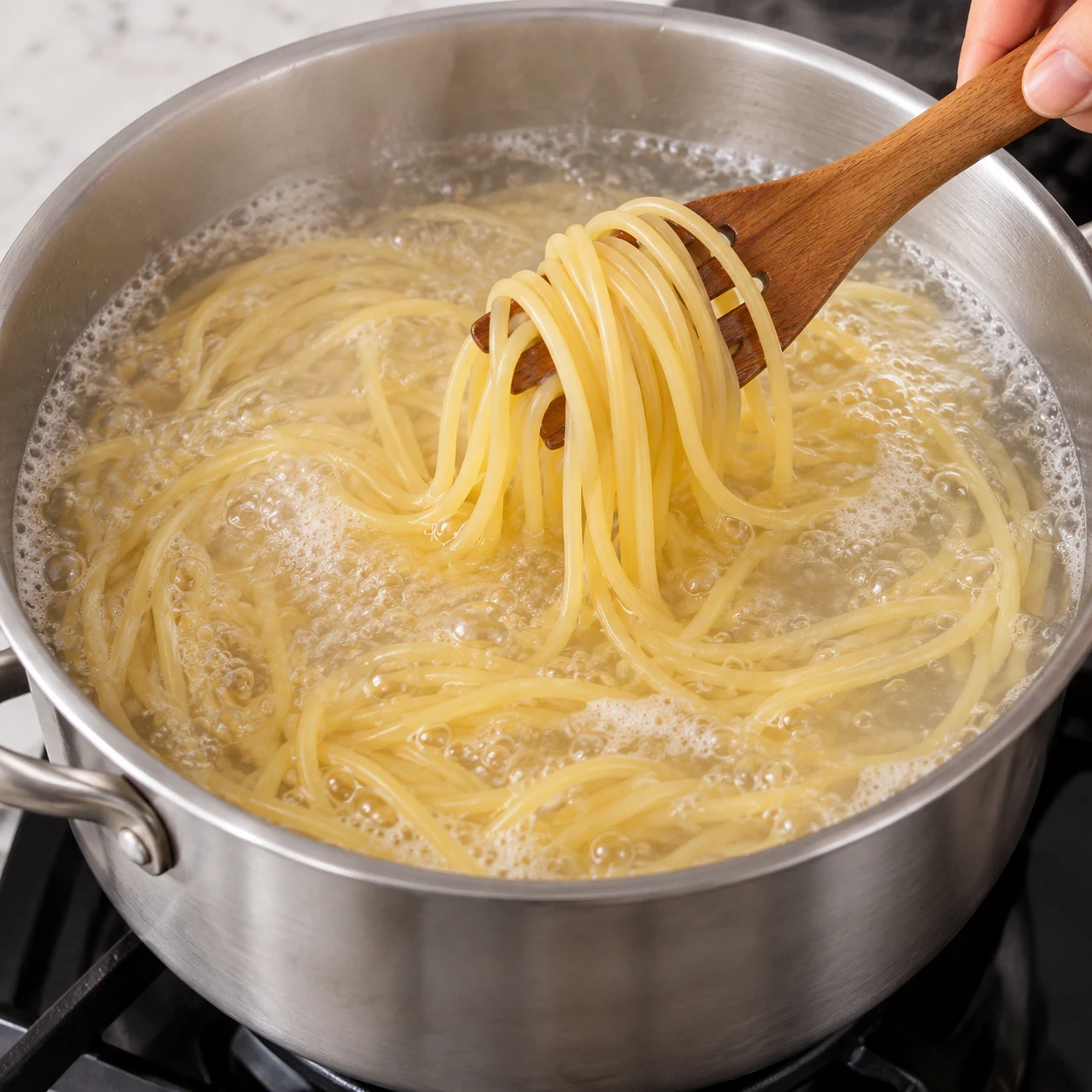 Plongez les spaghettis dans l’eau bouillante et laissez-les cuire jusqu’à ce qu’ils soient tendres, en suivant la cuisson du paquet. Montrer seulement l’action et cet état de cuisson.