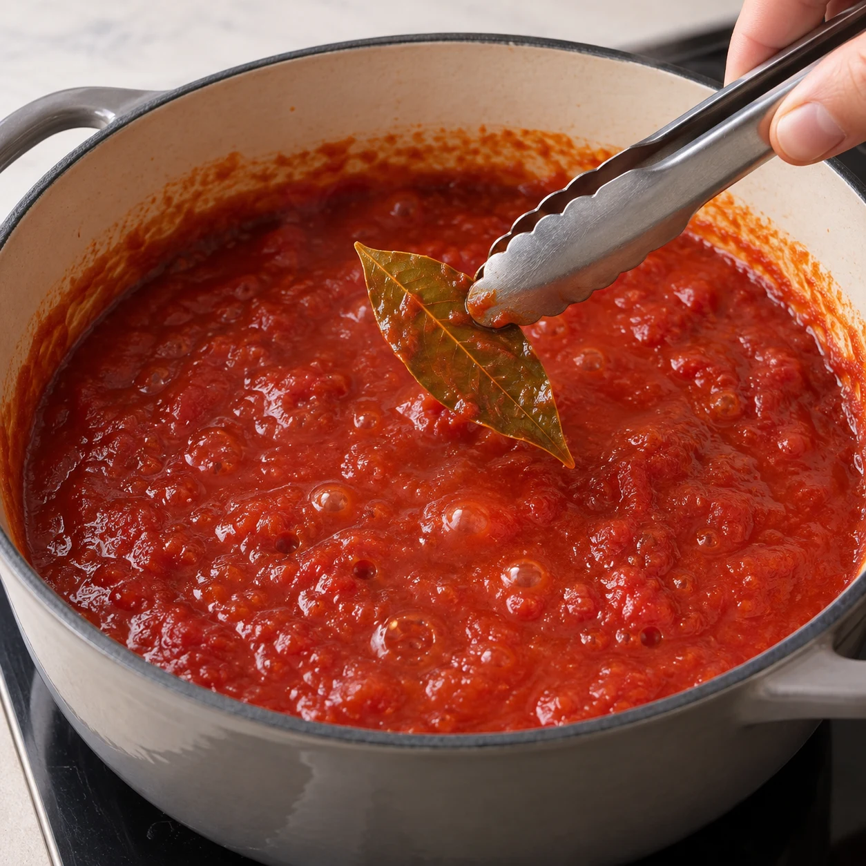 Une seule phase : Retirez la feuille de laurier de la sauce. État attendu : La feuille de laurier est retirée de la casserole. Sans texte, sans personne identifiable, uniquement les ingrédients de cette étape.
