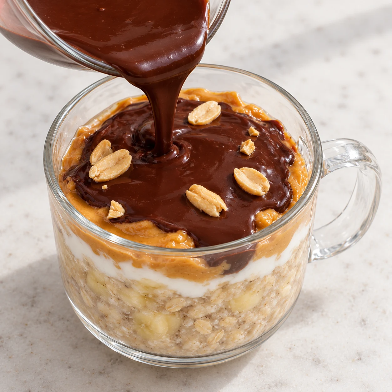 Versez le chocolat fondu sur la garniture pour former la couche de chocolat montrée dans la recette d’origine. Montrer seulement cette phase de la variante à l’avoine, sans graines ni poudre, un récipient transparent à poignée sur pierre pâle, sans texte ni personne identifiable.