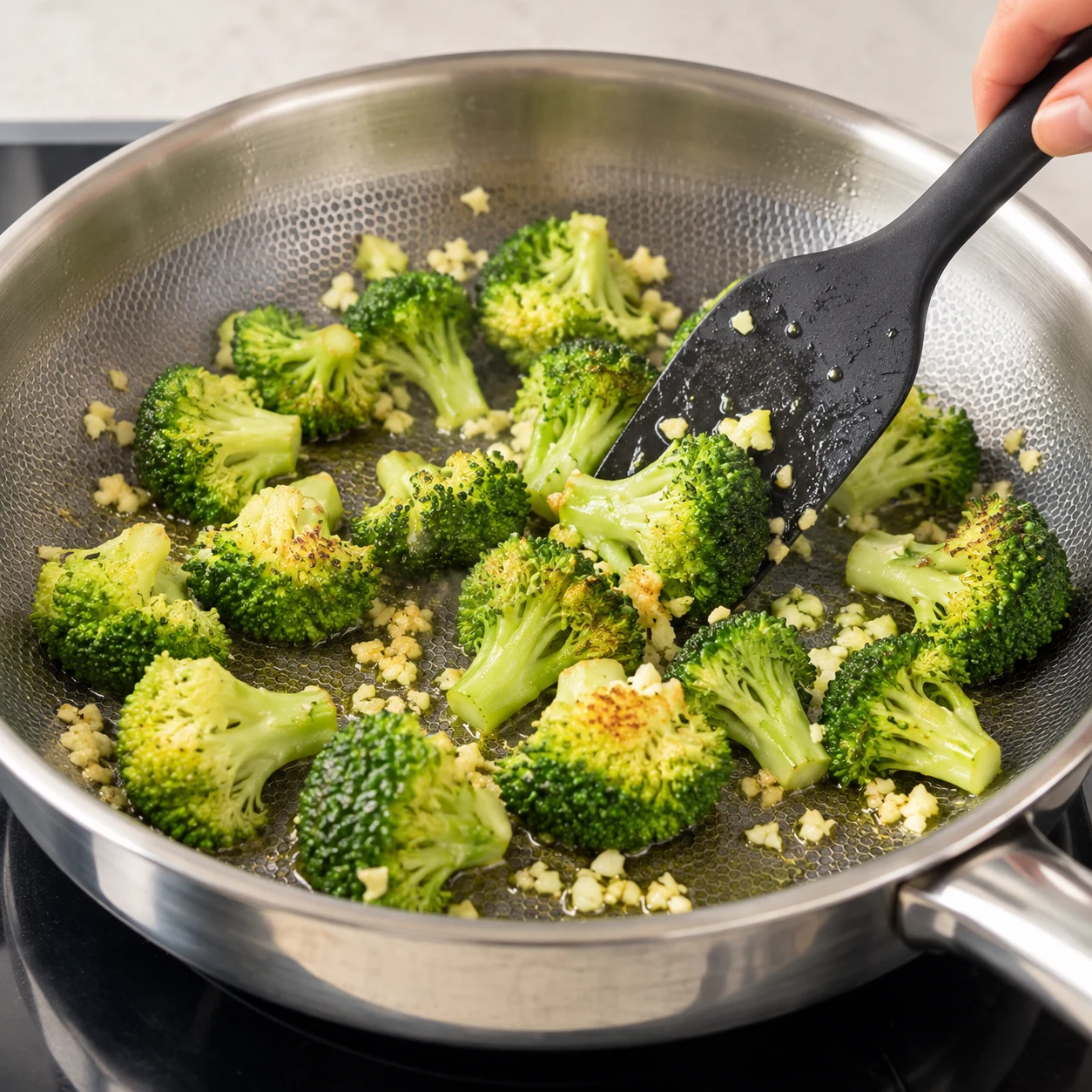 Fleurettes vertes de brocoli crues en train de revenir avec des petits morceaux d’ail dans une poêle inox.