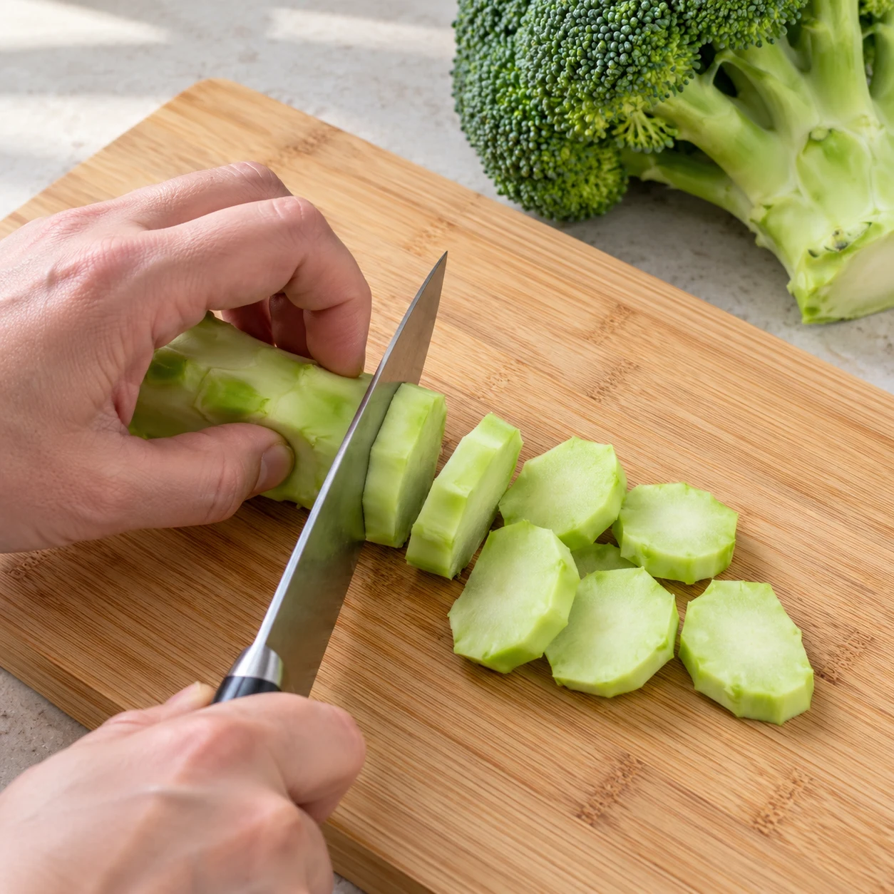 Sur la planche, coupe la tige pelée du brocoli en lamelles de 1 cm d’épaisseur.