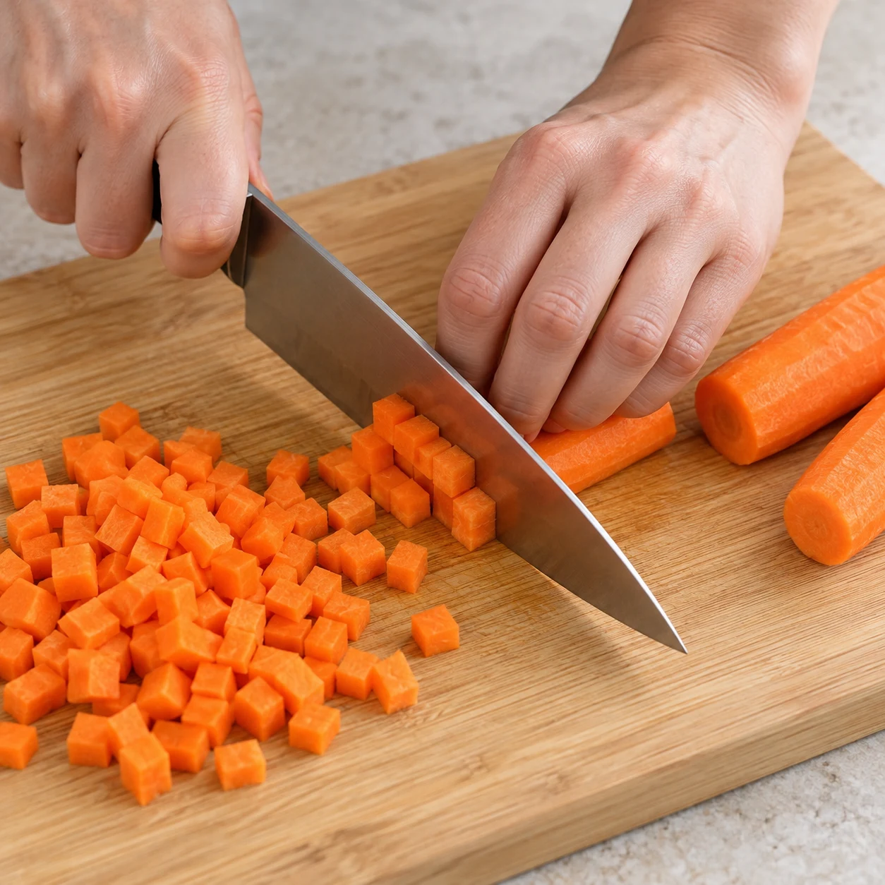 Découpe active de carottes en petits dés, main en griffe, aucun autre ingrédient.