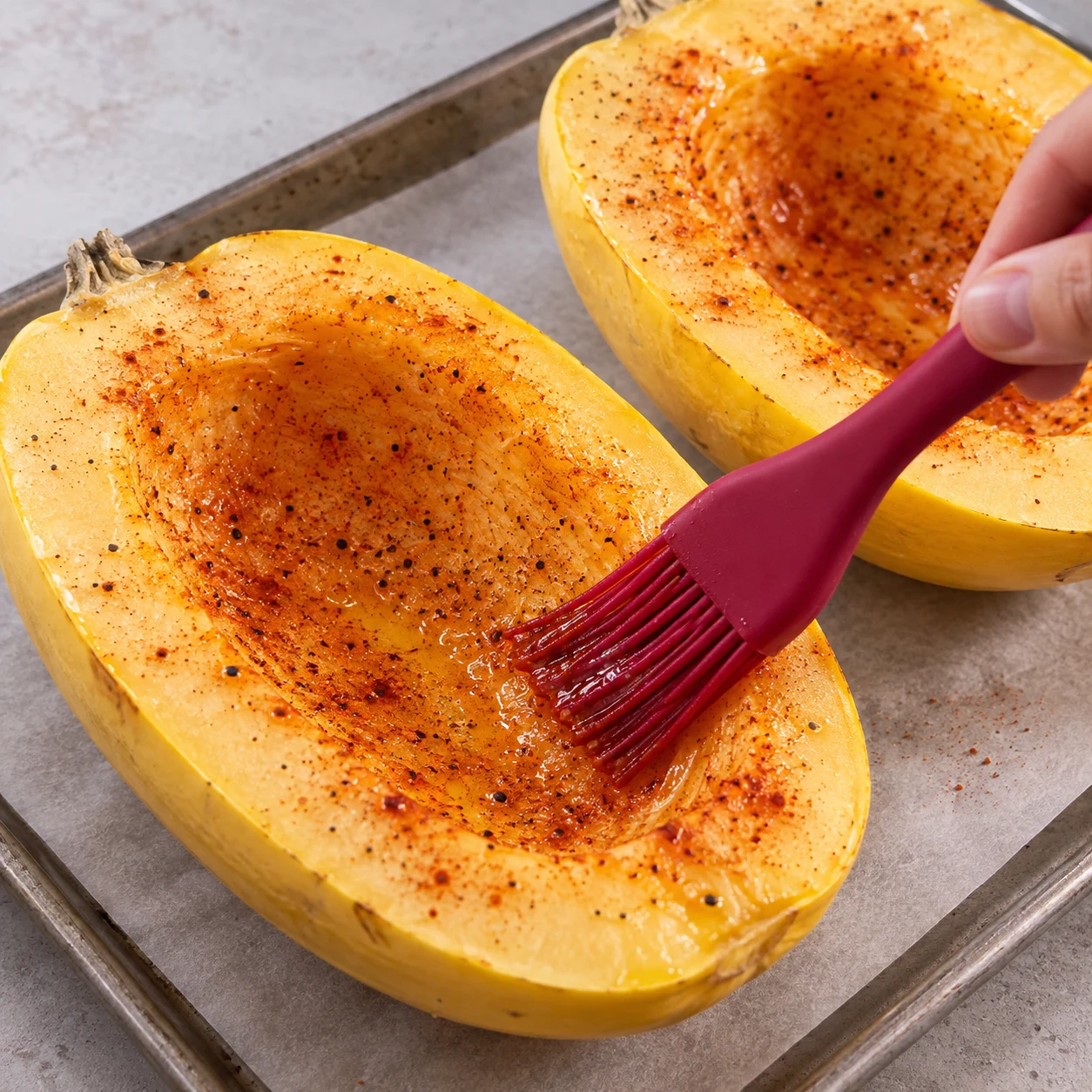 Pinceau étalant huile paprika sel poivre sur chair crue de courge évidée.