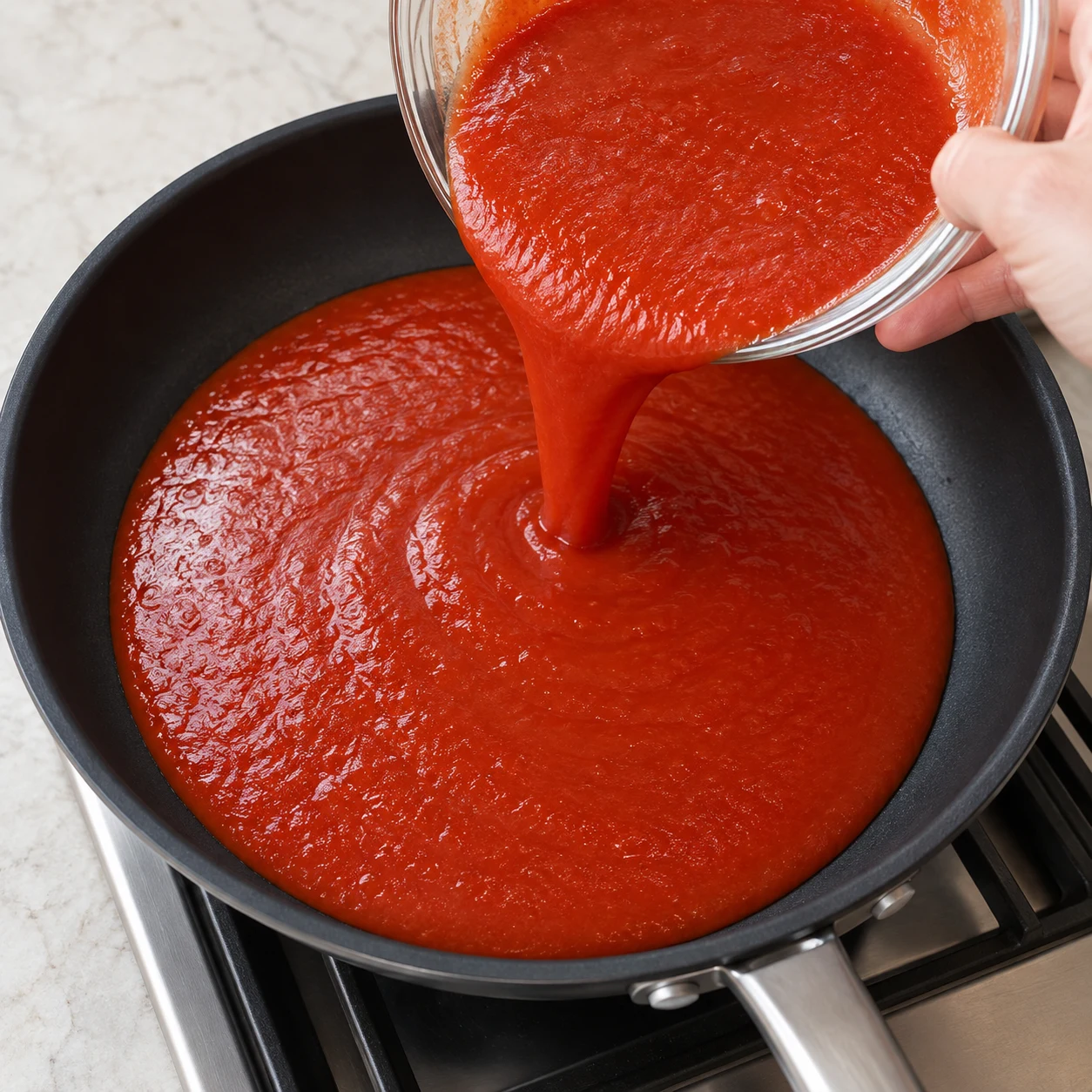 Un bol verse la sauce tomate filtrée lisse rouge dans la poêle, sans crème ni pâtes à ce stade.