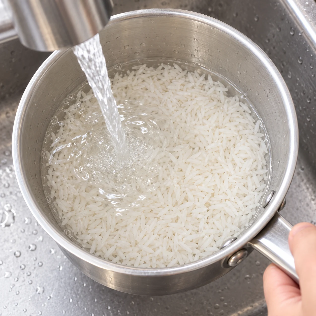 Riz blanc long rincé sous un filet d’eau dans une casserole, mains anonymes.