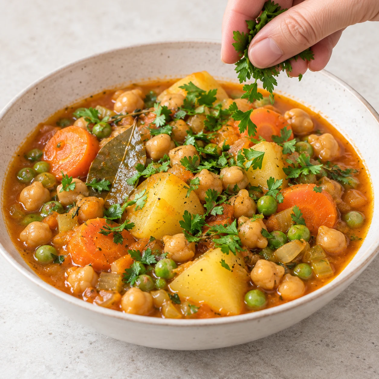 Navarin végétal en assiette creuse : pois chiches, carottes rondelles, gros morceaux de pommes de terre, petits pois, sauce orangée, persil. Aucun champignon ni navet ni viande.