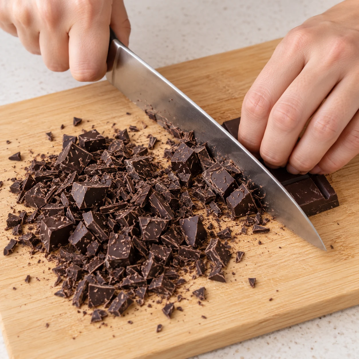 Hache les 50 g de chocolat noir à 70 % en petits morceaux sur une planche stable, avec les doigts repliés loin de la lame. État attendu : Le chocolat est en petits morceaux irréguliers, comme ceux de la recette d’origine.