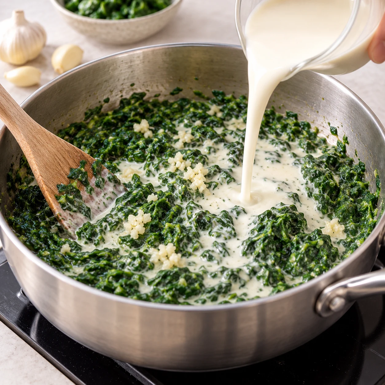 Crème de soja blanche versée sur les épinards hachés dans la casserole, ail pressé visible.