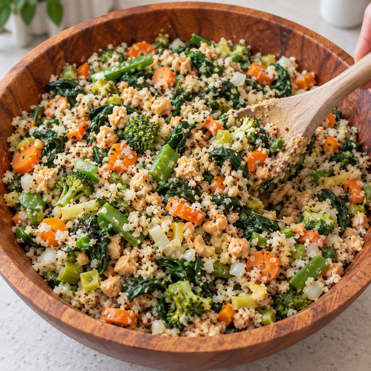 Cuillère en bois mélangeant un grand saladier de quinoa et légumes déjà cuits, carotte orange, feuilles vertes, haricots plats et pois chiches, aucun œuf ni viande.