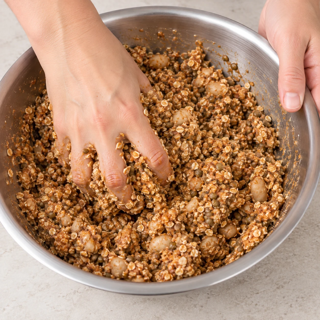 Mains mélangeant la préparation granuleuse de lentilles haricots blancs écrasés avoine.