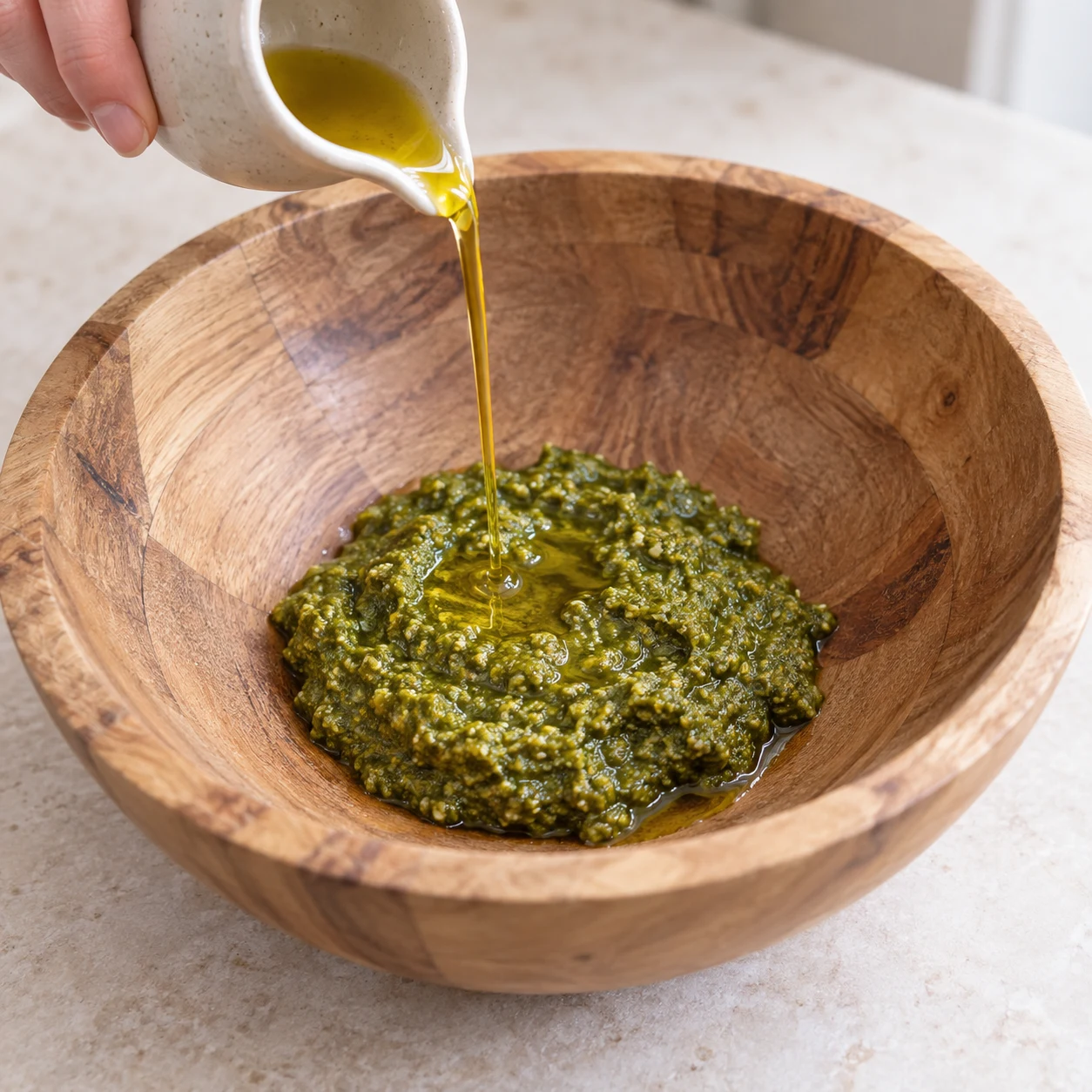 Verse 1 càs d’huile d’olive sur le pesto.
