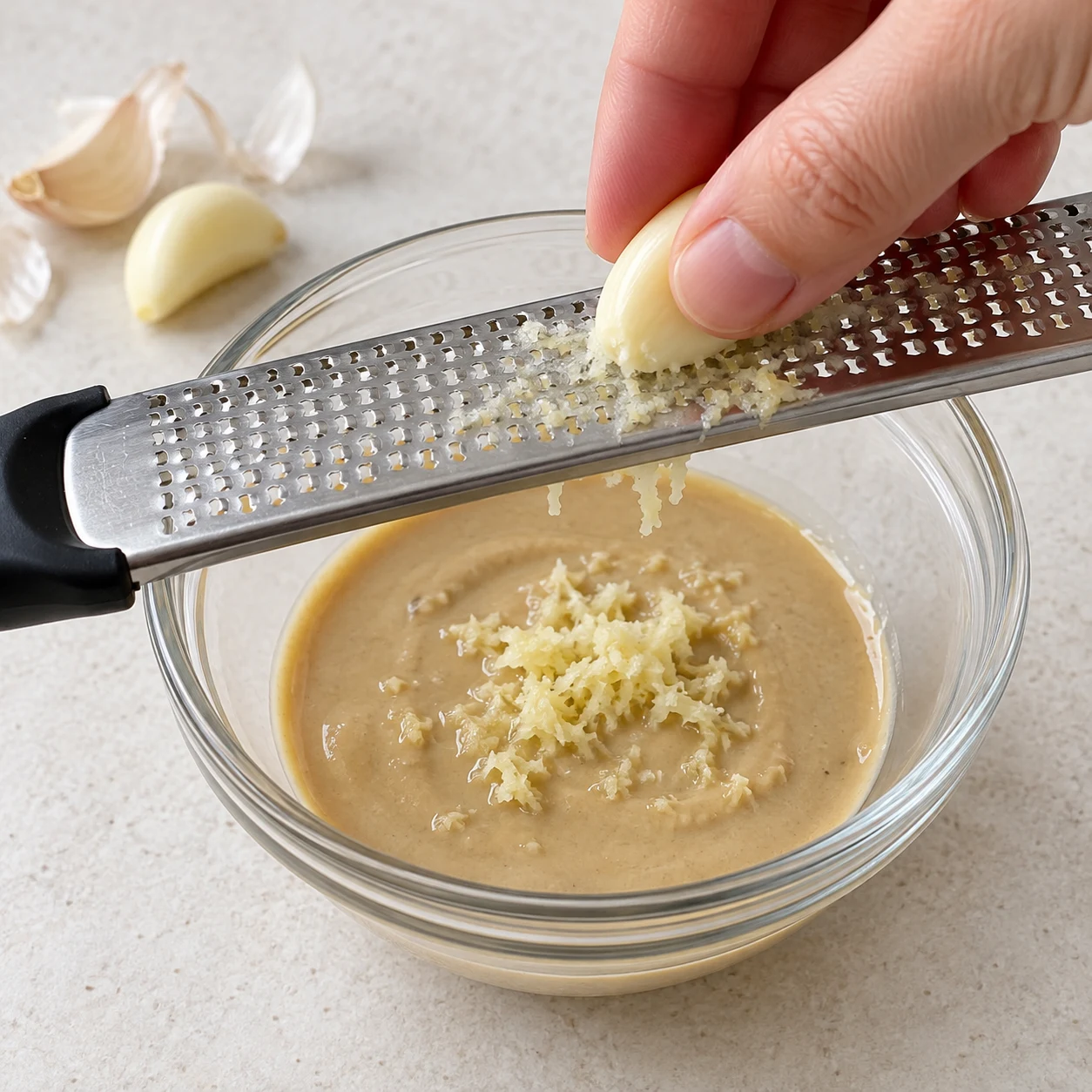 Râpe fine au-dessus d’un bol de sauce au tahini beige, doigts loin de la surface coupante.