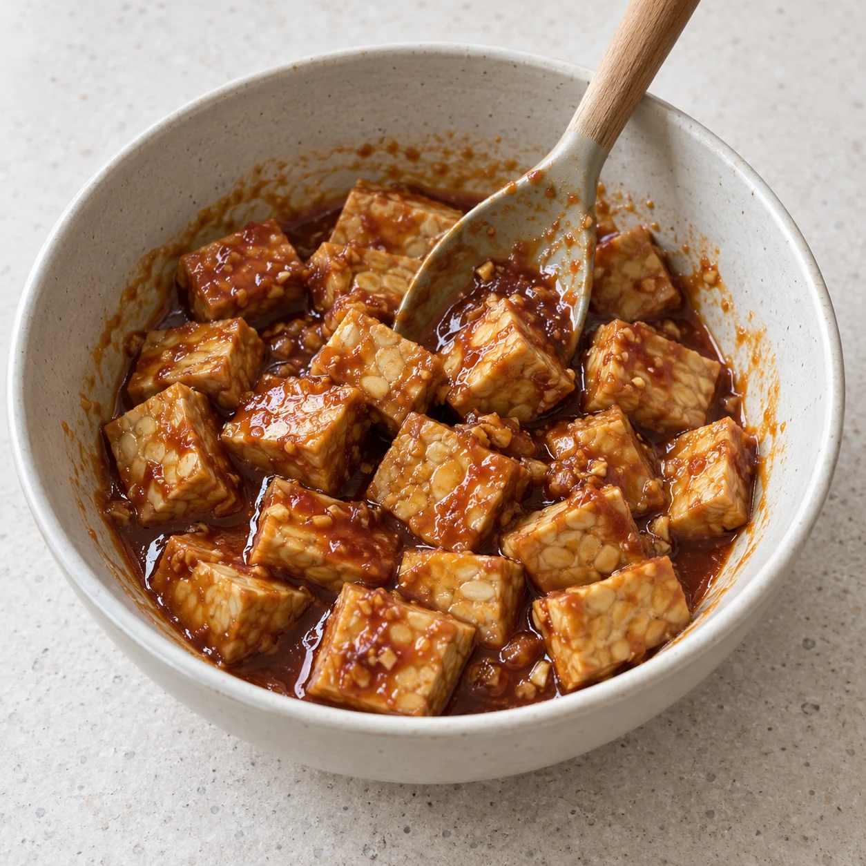 Bol immobile de cubes de tempeh non cuits enrobés de marinade, sans horloge ni texte.