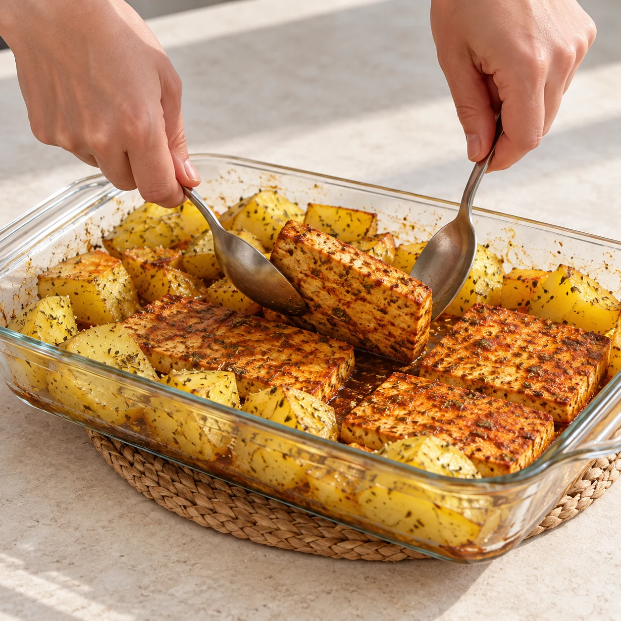 Mains anonymes avec ustensiles retournant une tranche épaisse de tofu dans le plat sorti du four ; pommes de terre autour à mi-cuisson.