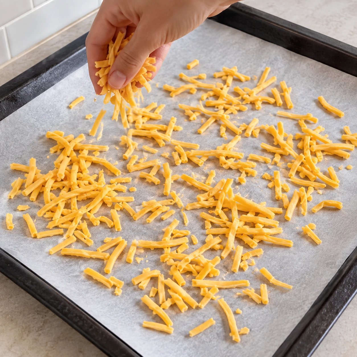 Une main anonyme répartit des fines lanières végétales jaune-orange sur papier cuisson, sans patate douce ni garniture à ce stade.