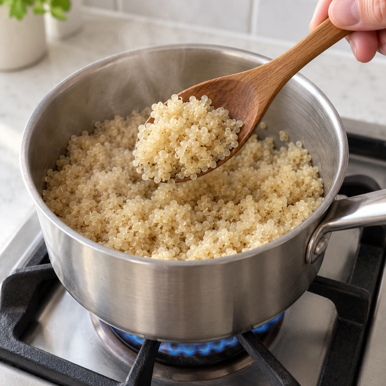 Fais cuire les 80 g de quinoa pesé cru comme indiqué sur son paquet.