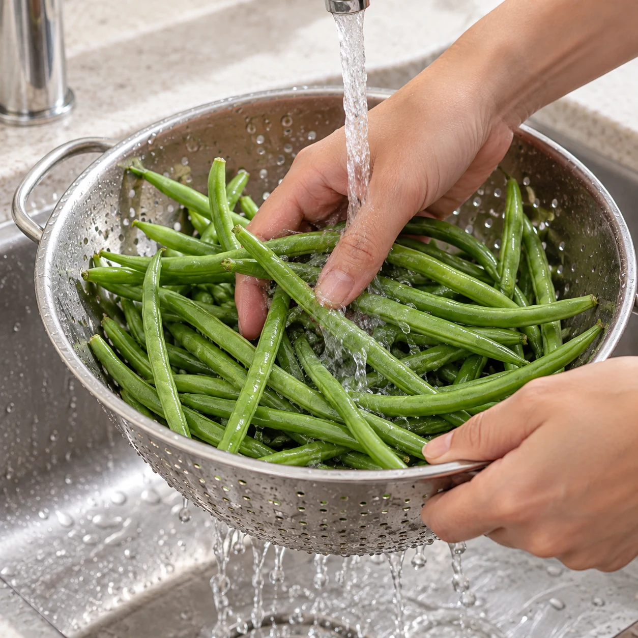 Mains adultes anonymes rinçant des haricots verts entiers sous un filet d’eau dans une passoire.