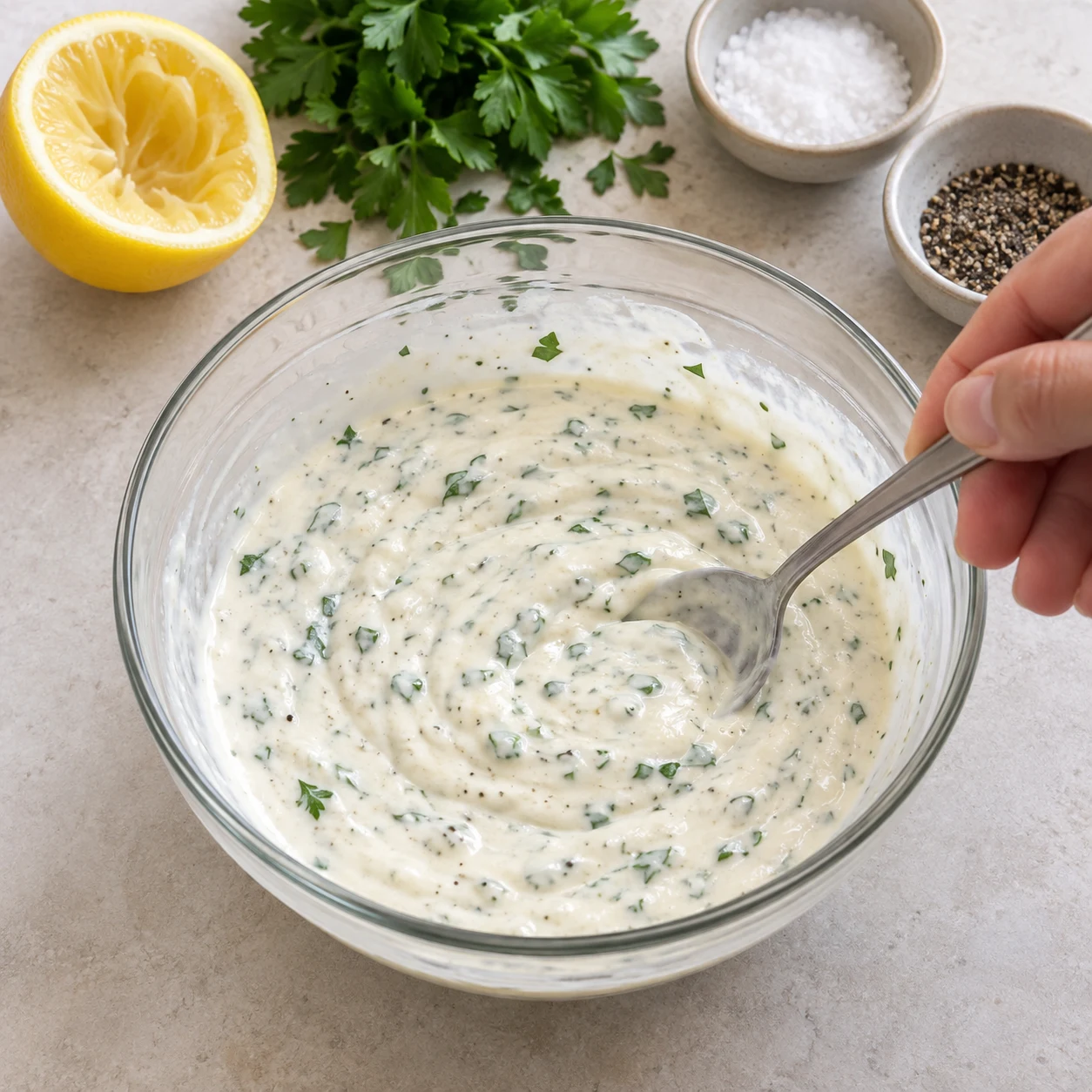 Mélanger les 200 g de yaourt de soja nature avec le jus du demi-citron, le demi-bouquet de persil haché, 1 càc de sel et 1 càc de poivre. Le yaourt de soja remplace le fromage blanc 0 % de la recette d’origine. Une seule action, une seule phase de préparation, aucun texte ni personne identifiable.