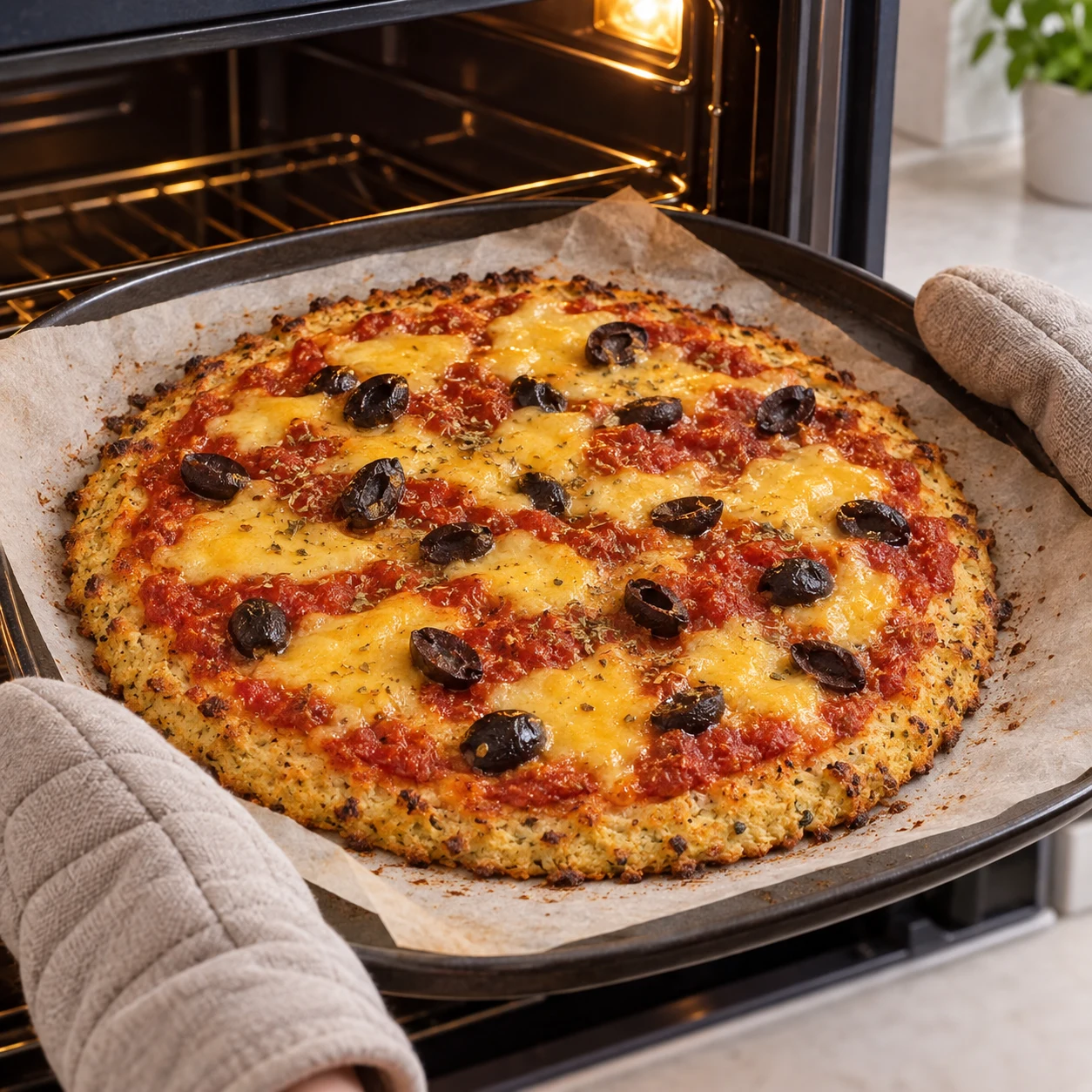 Pizza finie au chou-fleur, sauce rouge, fromage végétal jaune fondu en petites plages et olives noires ; bord doré, aucune viande.